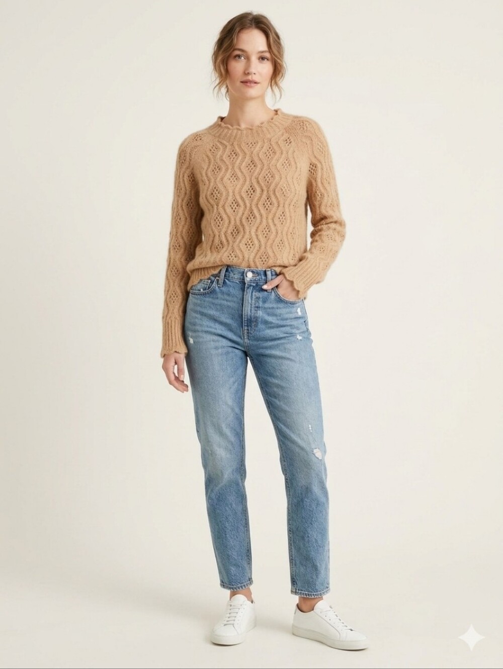 J.Crew Alpaca Wool Blend Pointelle Scallop-Trim Sweater. Camel Tan. Size Medium.